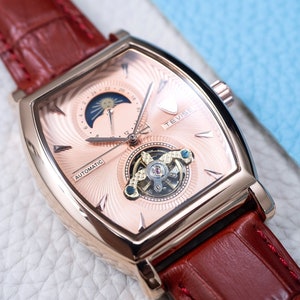 Engraved Automatic Skeleton Mechanical 24 Hour Dial Watch l Rose Gold Salmon Pink Dial l Red Leather Strap l Gift Anniversary l Personalized
