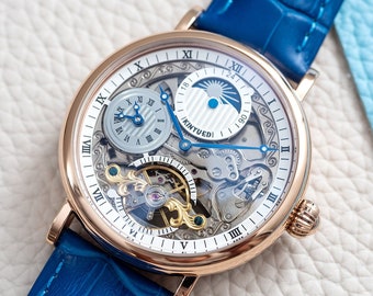 Engraved Automatic Skeleton Mechanical Dual Time Watch l Rose Gold White Dial l Blue Leather Strap l Gift Anniversary l Personalized