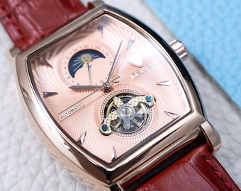 Automatic Skeleton Watch: Rose Gold Salmon Dial, Red Leather Strap