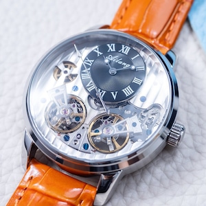 Engraved Automatic Luxury Mechanical Dual Flywheel Watch l Sapphire Glass l Silver Black Dial l Orange Leather Strap l Gift Anniversary l