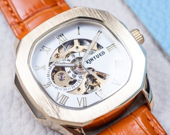 Engraved Automatic Retro Skeleton Mechanical Watch l Gold White Dial l Orange Leather Strap l Gift Anniversary