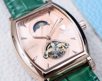 Automatic Skeleton Watch: Rose Gold Salmon Dial, Green Leather Strap