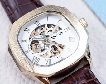 Engraved Gold Skeleton Watch: Automatic Mechanical Brown Leather