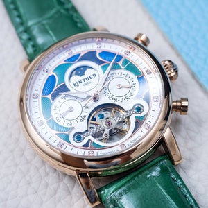 Automatic Skeleton Watch: Rose Gold, Green Leather Strap, Multi Color Dial