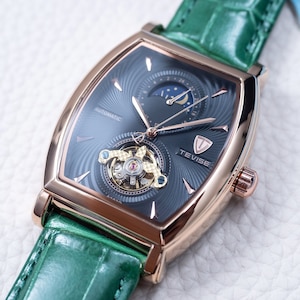 Engraved Rose Gold Automatic Skeleton Watch: Green Leather Strap, 24 Hour Dial