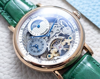 Engraved Rose Gold Skeleton Watch: Automatic Dual Time, Green Leather