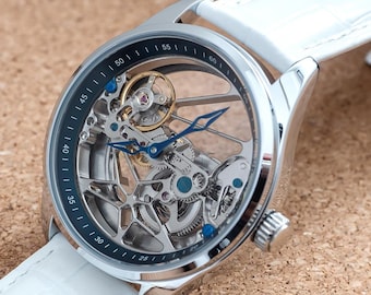 Personalized Skeleton Watch: Automatic Mechanical Silver with White Leather