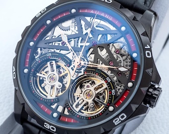 Personalized Skeleton Automatic Watch: Black Stainless Steel, Sapphire Glass