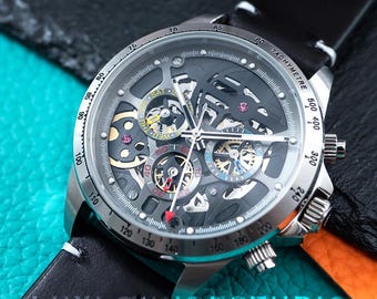 Personalized Mechanical Skeleton Calendar Watch: Black Leather Strap