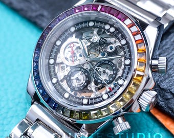 Automatic Mechanical Watch: Silver Stainless Steel with Rainbow Cubics