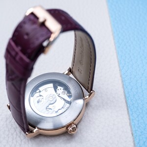 Engraved Rose Gold Skeleton Watch: Automatic Dual Time, Purple Leather image 6