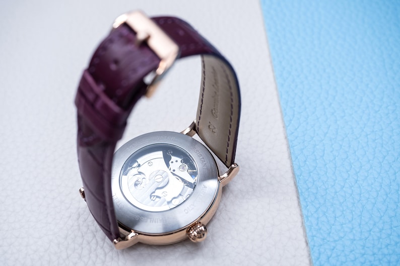 Engraved Rose Gold Skeleton Watch: Automatic Dual Time, Purple Leather image 6