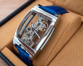 Personalized Skeleton Manual Mechanical Watch: Chrome Silver Blue Leather Strap