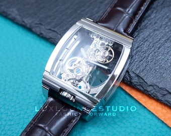 Personalized Automatic Mechanical Watch: Skeleton Bridge, Silver & Brown Leather
