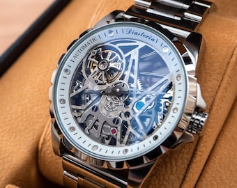 Mens Skeleton Automatic Watch: Silver Stainless Steel Mechanical Timepiece