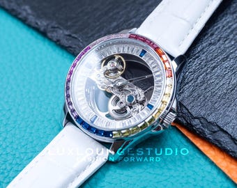 Orologio meccanico automatico personalizzato: cubi argentati ghiacciati, pelle bianca