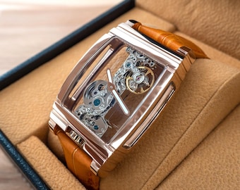 Personalized Rose Gold Skeleton Watch: Orange Leather Manual Mechanical Watch