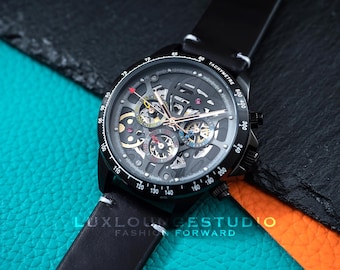 Personalized Mechanical Skeleton Calendar Watch: Black Leather Strap