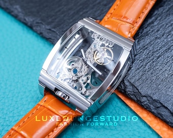 Personalized Mechanical Skeleton Watch: Silver & Orange Leather, Luminous