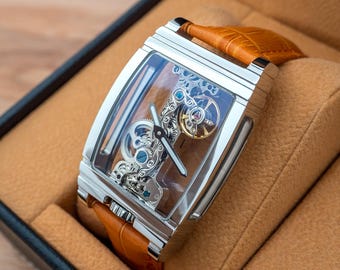 Personalized Mechanical Skeleton Watch: Silver Orange Leather, Stainless Steel