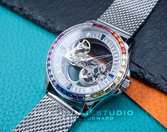 Reloj mecánico automático: Cubics arcoíris cromados en plata con correa de malla de acero inoxidable