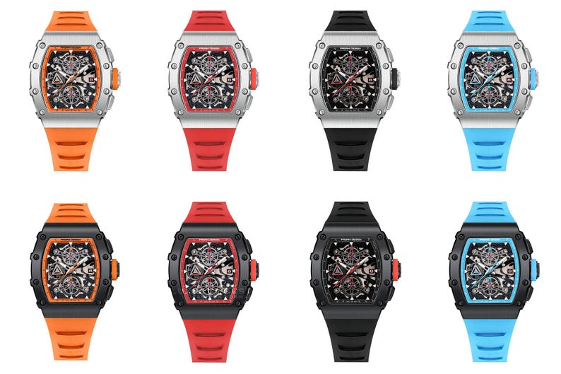 Peut inclure: Huit montres-bracelets de luxe avec des bracelets et des cadrans de diff&eacute;rentes couleurs. Les montres ont un bo&icirc;tier argent&eacute; ou noir, avec des bracelets orange, rouges, noirs et bleus. Les cadrans ont des designs m&eacute;caniques complexes.