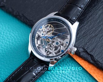 Personalized Skeleton Watch: Silver Automatic Mechanical Watch with Black Leather Band