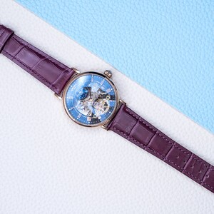 Engraved Rose Gold Skeleton Watch: Automatic Dual Time, Purple Leather image 5