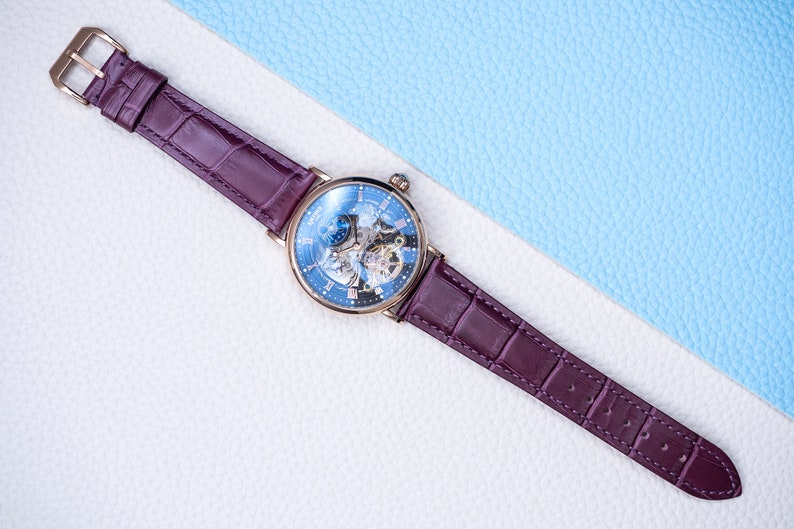 Engraved Rose Gold Skeleton Watch: Automatic Dual Time, Purple Leather image 5
