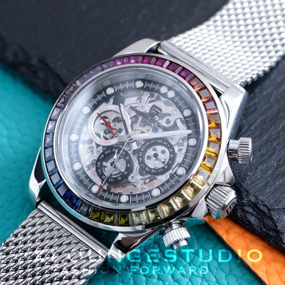 40mm Automatic Mechanical Watch: Silver Chrome Rainbow Cubics with Stainless Steel Mesh Strap