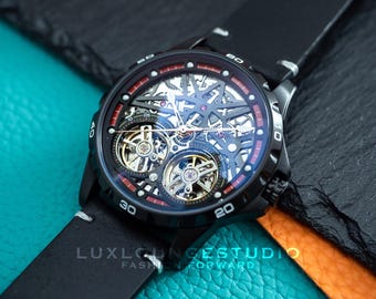 Personalized Mens Automatic Skeleton Watch: Black Leather Strap, Double Flywheel