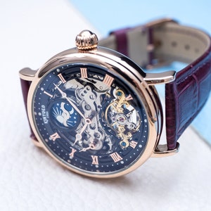 Engraved Rose Gold Skeleton Watch: Automatic Dual Time, Purple Leather image 7