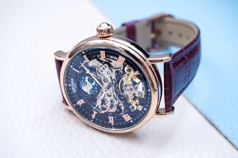 Engraved Rose Gold Skeleton Watch: Automatic Dual Time, Purple Leather image 7