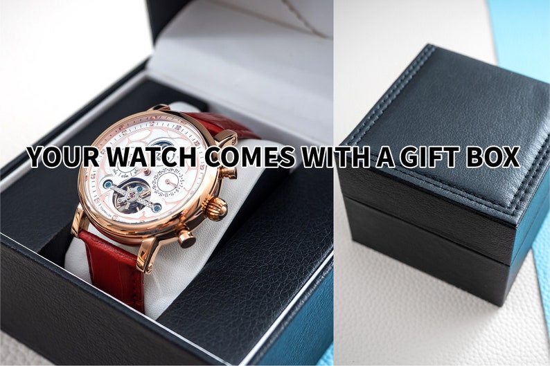 May include: A gold-tone watch with a white face and red leather strap comes in a black gift box. "Your watch comes with a gift box" is written on the image.