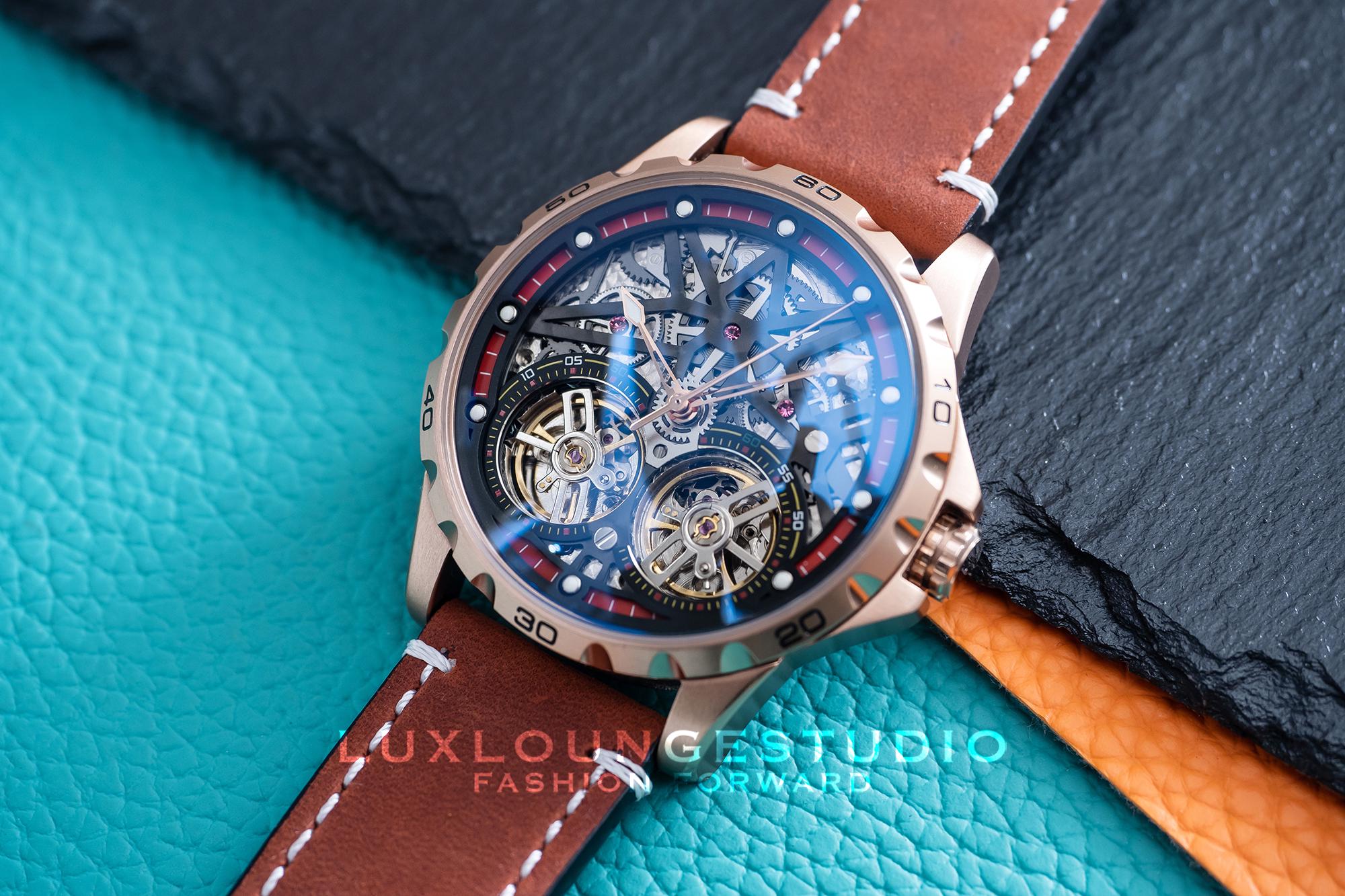 Personalized Mechanical Skeleton Watch: Rose Gold, Wine Suede Leather Strap