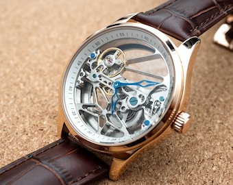 Personalized Rose Gold Skeleton Watch: Automatic Mechanical Brown Leather