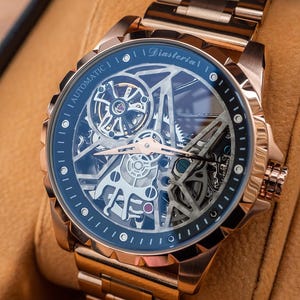 Mens Rose Gold Skeleton Watch: Automatic Mechanical Timepiece