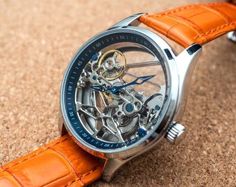 Personalized Skeleton Watch: Silver Automatic Mechanical Watch with Orange Leather Band