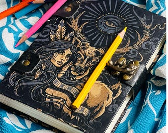 Handmade Girl with Swamp Deer Journal: Personalized PU Leather Notebook