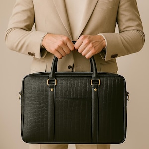 Premium Full Grain Croc-Embossed Leather Briefcase with Gold Hardware