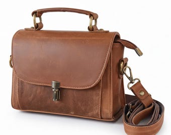Bolso bandolera de cuero genuino hecho a mano, bolso cruzado marrón vintage, bolso de mano con asa superior