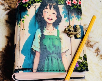 Anime Girl Lock Diary, Vintage Leather Notebook, Kawaii Writing Journal (Lock Included)
