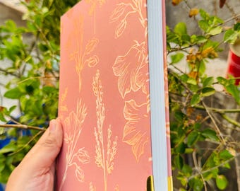 Handmade Floral Hardcover Journal – Terracotta Botanical Diary with Gold Corners