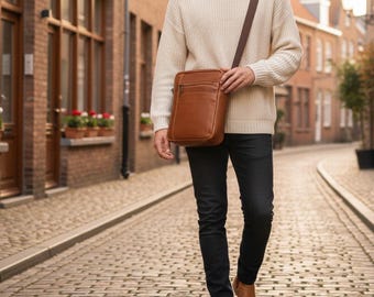 Handmade Tan Leather Crossbody Sling Bag | Travel Shoulder Bag