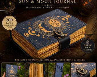 Celestial Sun Moon Journal, Rustic PU Leather Diary, Handmade Paper Grimoire (Vintage Lock)