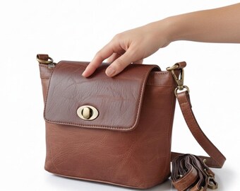 Genuine Brown Leather Crossbody Bag, Handcrafted Vintage Sling Bag with Brass Hardware