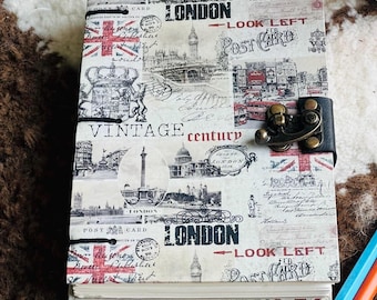 Vintage London Postcard Journal with Lock, Travel Diary Notebook