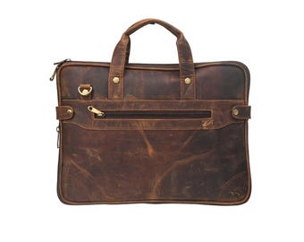 Full Grain Leather Laptop Bag, Vintage Messenger Briefcase, 15.6 Inch Office Bag