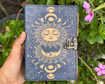 Celestial Sun & Moon Rustic PU Leather Journal with Vintage Lock – Unlined Handmade Paper