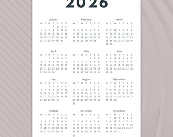 2026 Calendar: Minimalist Year at A Glance Printable PDF (A4 Digital Download)